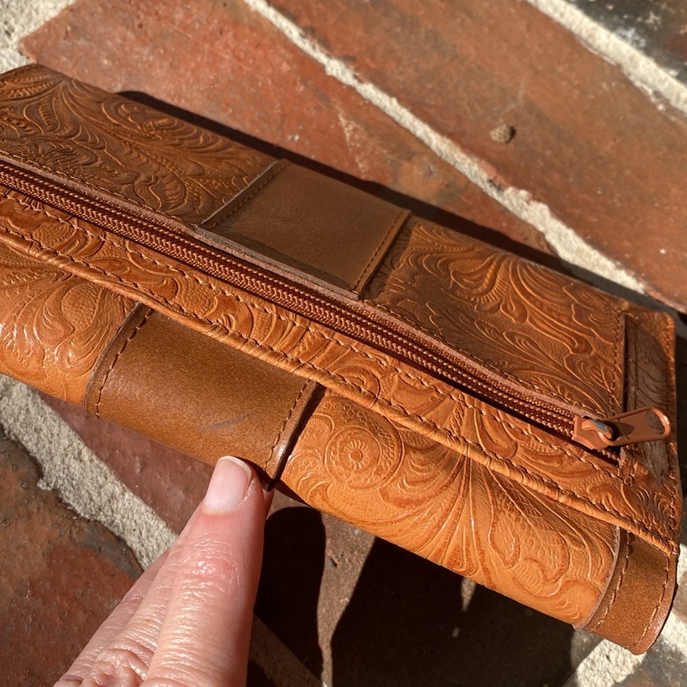 M.C. Floral Tooled Leather Wallet with Turquoise rhinestones & beads - Picture 12 of 16